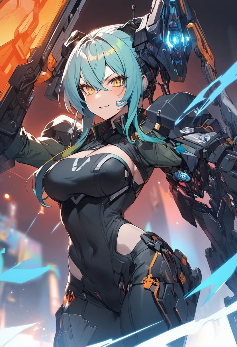 最high quality、best image quality、masterpiece、girl((cyborg、20-year-old、 By becoming、vest bust、medium bust,wide open breast tea、shining eyes, light blue hair、long hair、thin,highest valley、ponytail、robot body、Machine body、half-backed posture、floating state、mechanical sword、sharp mechanical wings、shiny boots、black underwear、black skirt、discharge from the whole body,)),high quality、beautiful art、background((Near future、Machine area、energy field))、Flight、debris flies、Depth of written boundary、movie、visual art、perfect art、8k,genuine、
