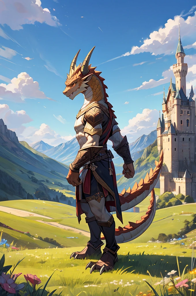 high-definition，noon，Blue sky，castle，grassland，Single player，Western dragon animal humanoid，furry，teenager，Strong body，Male image，Full body standing painting，Short hair details，Western dragon head，Multiple long dark blond straight horns，Shallow Lamb&#39;s Ear，Dark blond facial fur，White mandible fur，Dark blond back fur，White belly fur，White mane extending from the top of the head to the tail，Thick and long dragon tail，White Ridge，White hair on the tip of the tail，Dark gold arms，Platinum claws，Two fingers raised in peace gesture，Limbs are wolf claws，4 golden fingers，4 golden toes，Pink pads on the palms and soles，，Lift one foot to reveal the pad on the sole，Look left，A happy expression with the tongue sticking out slightly，Innocent eyes，Blue and black vest，Black tight rubber，A silver sapphire necklace，Wear goggles on your head，Standing posture。