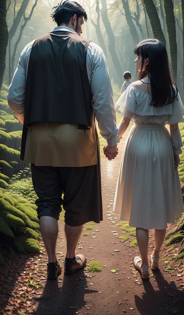 (Anime style:1.5), (highly detailed), (enchanted forest background:1.7), (vibrant colors), (sunlight filtering through trees), (parents leaving two children in the forest with heavy hearts:1.7), (1 boy with black hair in brown peasant clothes:1.7 and 1 girl with black hair in a white dress:1.7 standing together, holding hands and looking worried), (dense foliage all around), (sense of abandonment and sorrow)