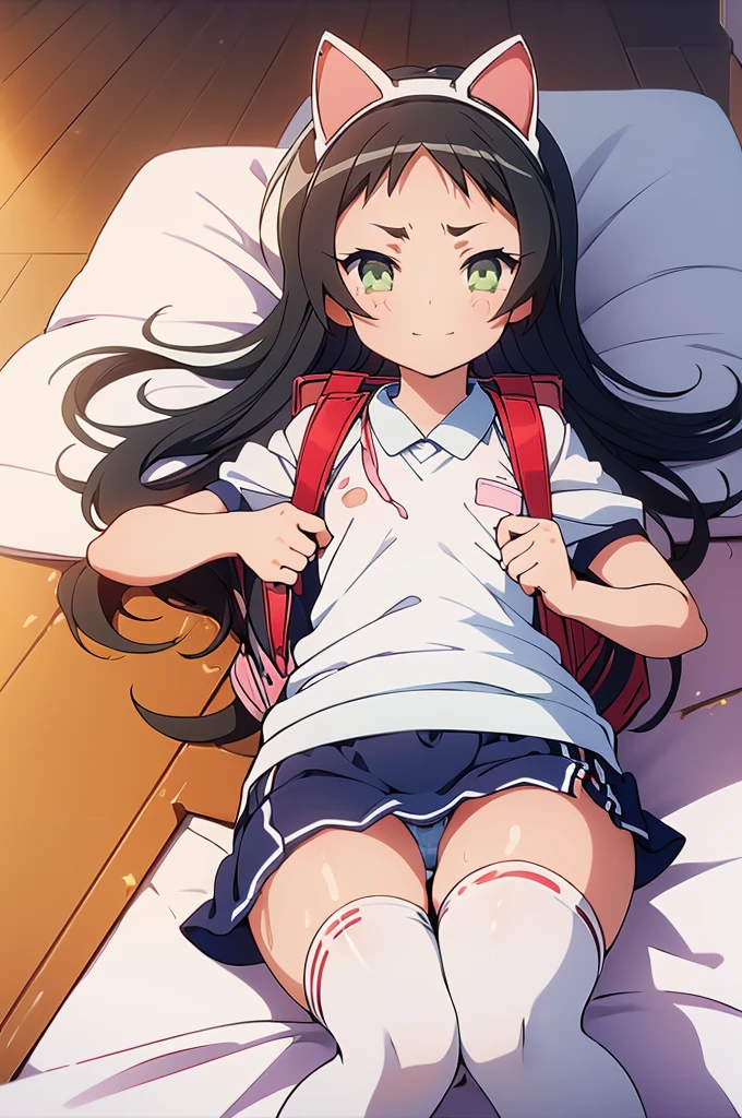 masterpiece, ultra quality, ultra sharp, ultra detailed, 1girl, solo, (((good anatomy))), haduki kurumi, (tattered torn dripping wet white gym shirt), navy gym pants, animal ears, randoseru, name tag, Japanese anime pose, laugh, BurumaShorts, Buruma, Gym Uniform, (((lying:1.4,  spread_legs, legspread, split_legs, spreading legs)), (randoseru backpack:1.4), (smirk smile), buruma, blue buruma, black buruma, (cameltoe), (tattered torn short sleeve white gym uniform with colored hem), (tiny nipples), (white long loose socks), strong lighting, legspread, bukkake, cum on clothes, cum on legs, cum on buruma, cum on bloomers,