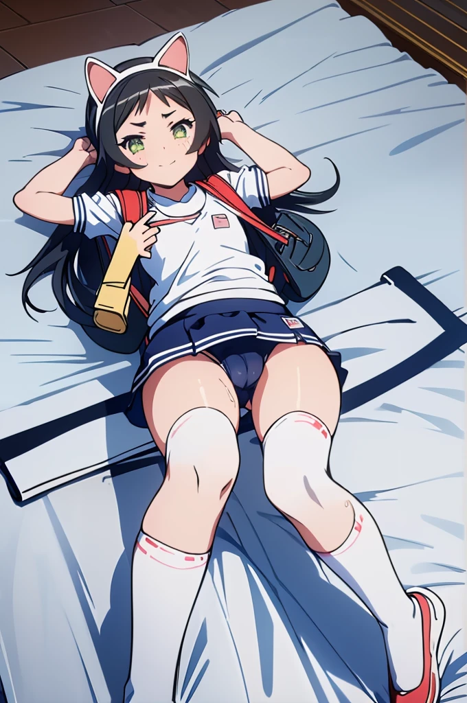masterpiece, ultra quality, ultra sharp, ultra detailed, 1girl, solo, (((good anatomy))), haduki kurumi, (tattered torn dripping wet white gym shirt), navy gym pants, animal ears, randoseru, name tag, Japanese anime pose, laugh, BurumaShorts, Buruma, Gym Uniform, (((lying:1.4, spread_legs, legspread, split_legs, spreading legs)), (randoseru backpack:1.4), (smirk smile), buruma, blue buruma, black buruma, (cameltoe), (tattered torn short sleeve white gym uniform with colored hem), (tiny nipples), (white long loose socks), strong lighting, legspread, bukkake, cum on clothes, cum on legs, cum on buruma, cum on bloomers,