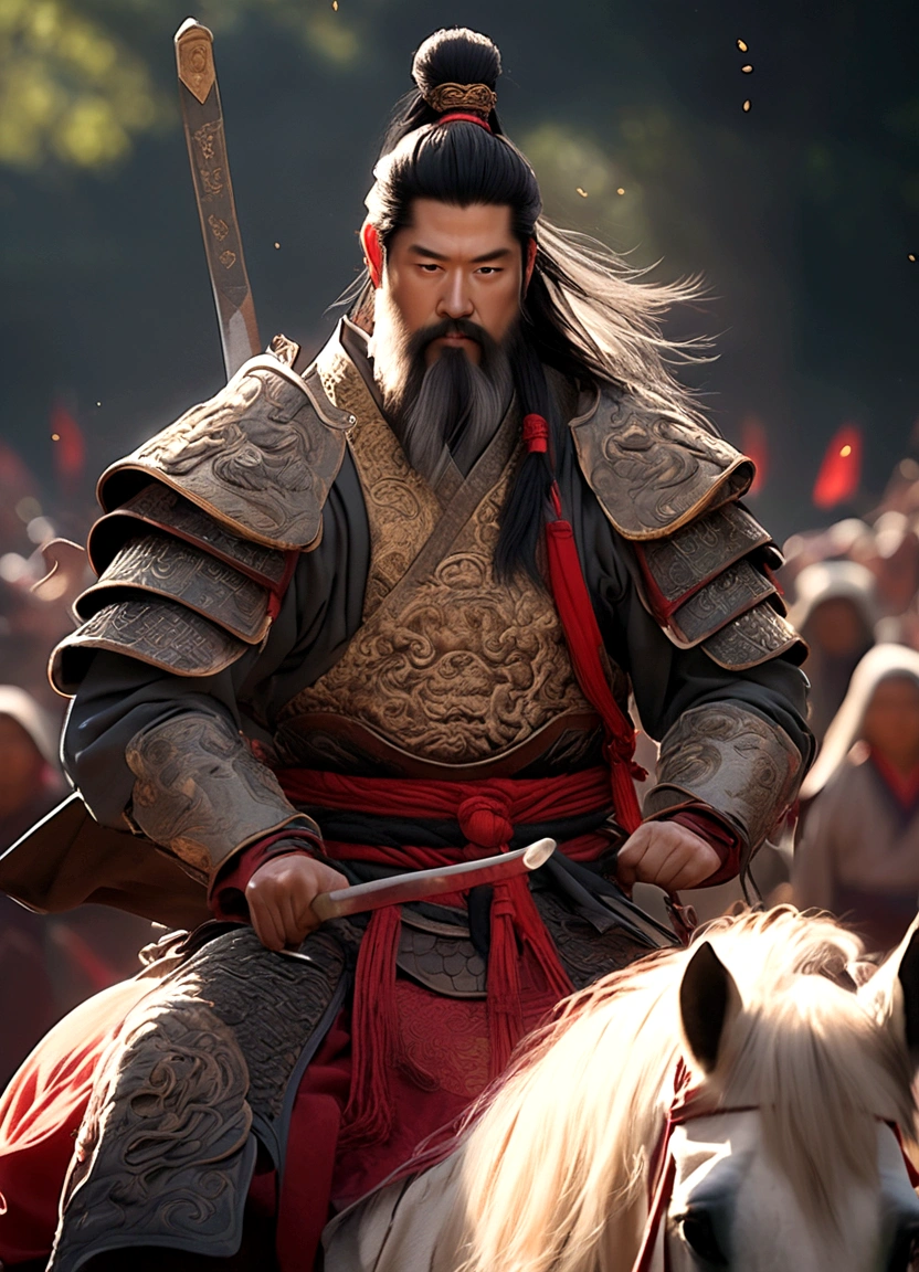 Line art drawing comic a perfect handsome male, Clear Face, Man in his 50s,muscle, Ancient Chinese armor,Topless, Black Hair, Long Beard, ((whole body)), Fine grain, Detailed face,Perfect hand-crafted detail,Large sword,anger,sparks,Three Kingdoms,ride a warhorse,riding a black horse,horse armor,With a spear in your hand,spear,red show spear,flight,Exudes a powerful aura ,2k, 最high quality,masterpiece, Super detailed, High details,well-made beard,,(High Sharpness,Super detailed), masterpiece, solo, High detail, (High resolution, Super detailed), Cinema Lighting, Motion Blur, Ray Tracing, reflected light, masterpiece, 最high quality, high quality, Anatomically correct, Textured skin, High details, Super detailed, 1080P, Hyper HD,wallpaper, 8K,Richly textured details, Elevation, A magnificent composition, . graphic illustration, Comic art, graphic novel art, Vibrant, Very detailed . Professional, Sophisticated, Modern, Minimalist, graphic, Line art, vector graphics