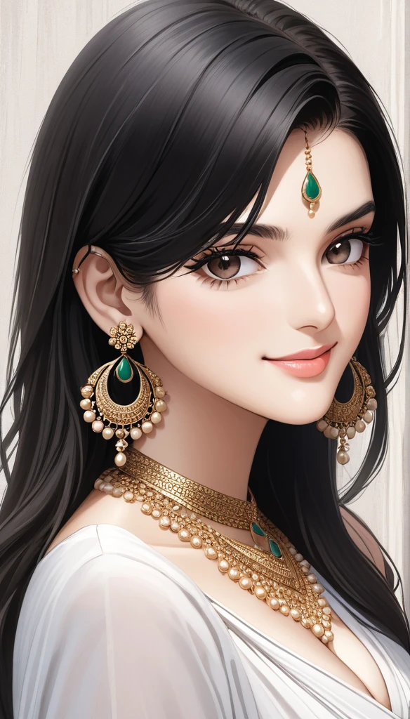 a woman, Kriti Sanon, outdoors, realistic skin texture, smiling, post-processing, Maximum texture, masterpiece, ultra-detailed, photorealistic, realistic, real picture, hyperrealism, Sharp focus, insane details, intricate details, full sharp, detailed face, realistic eyes,simple white stucco background ,big hoop earrings, makeup,white skin,sharp jawline ,big earrings, oversized earrings,big breasts,full body view ,saree,black hair, necklace, eyeliner, eyeshadow, foundation, jewelry,bangles, anklet