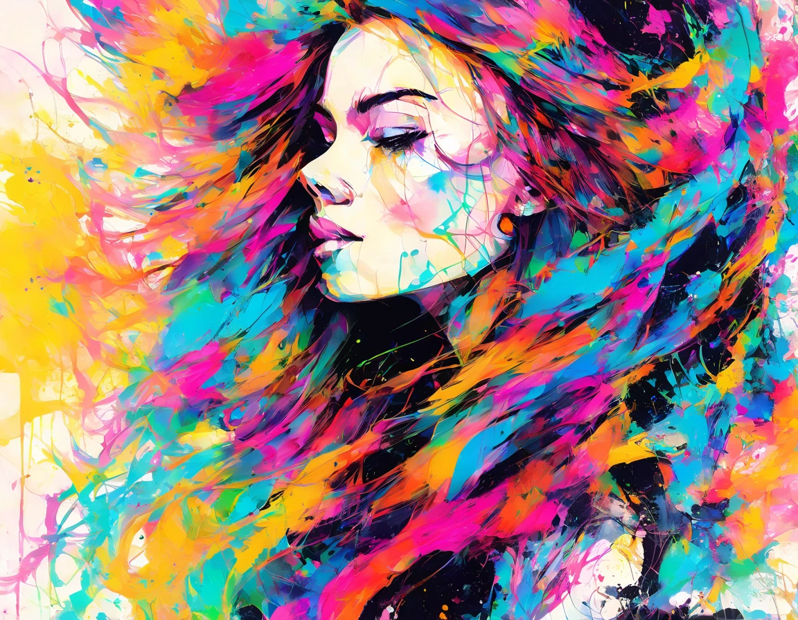 abstract painting, inkpunk, girl profile, broad brush stroke, smeared patterns, colors, random dripping paint, splashes, graphic portrait