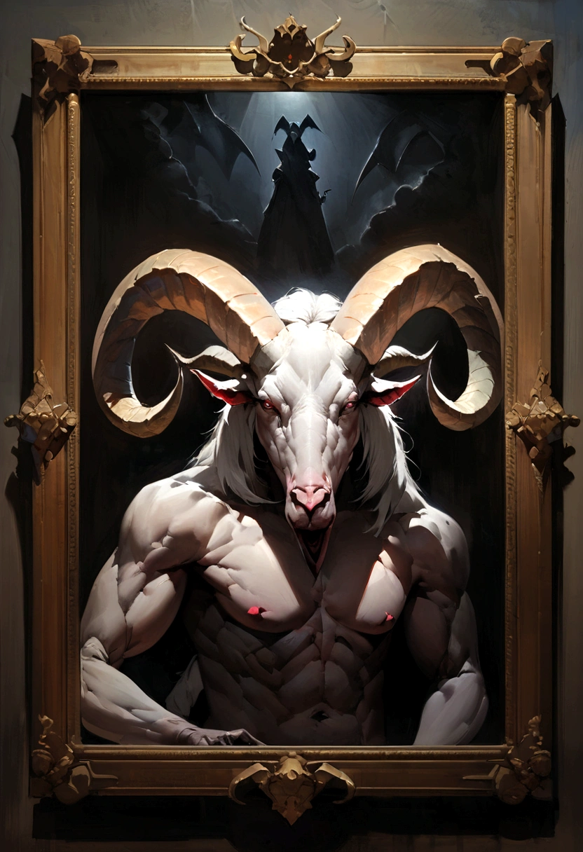 an elderly demon with a goat&#39;s head and large horns, fragile and thin upper body, demon skin, Crowbars,  darkness room, diffuse light, work of art, realisitic, oil painting