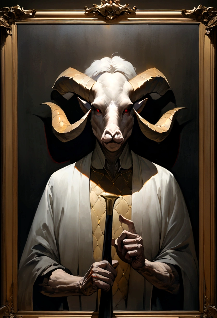 an elderly demon with a goat's head and large horns, fragile and thin upper body, demon skin, Crowbars, darkness room, diffuse light, work of art, realisitic, oil painting