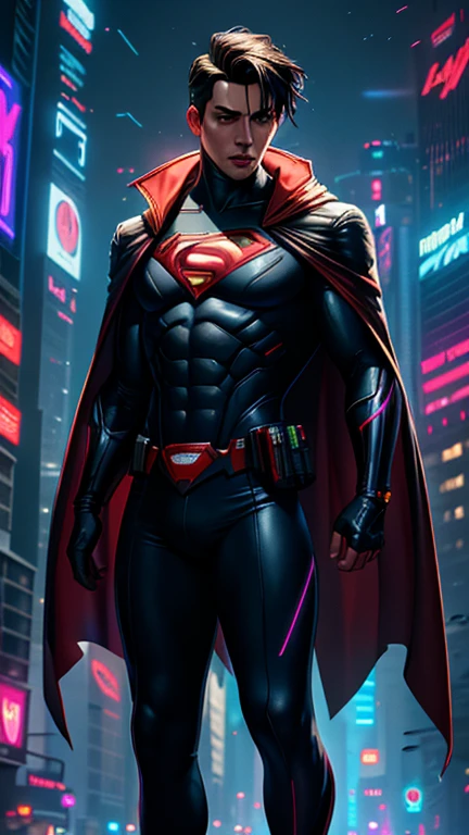 realistic, best quality, (masterpiece:1.2), absurdres, (1boy, solo), fashion photography of superhero, lips, flat chest, handsome, black hair, a handsome boy wearing Superman Costume,red cape, full body portrait, soft design, natural lights, looking at viewer, (Dark midnight neon glow cyberpunk Gotham City background:1.3)