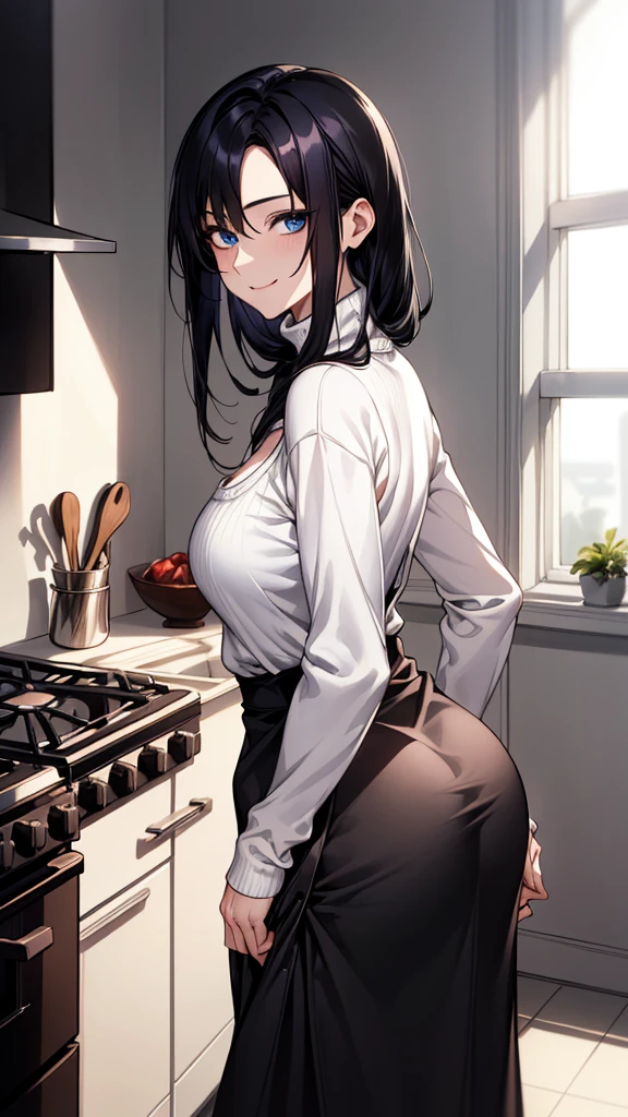 ((real))、(masterpiece、highest quality)、hot (mature woman)、Woman Standing In Kitchen、wearing a white turtleneck sweater、wide hips、Wearing a black apron、(hair combed back)、Long skirt、smile、facing the viewer、closet、stove、window、blue eyes、black shiny hair，sexly，cleavage，full，Big Ass，Short skirt