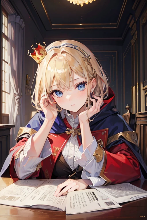 (Masterpiece: 1.2, Best Quality), Realistic, (Realistic Picture, Complex Details, Depth of Field), Best Quality, Masterpiece, Highly Detailed, Semi Realistic, 1 Girl, Mature Female, 21 Years Old, Blond Hair, Shoulder length Short Hair, Left Eye Covered with Hair, Blue Eyes, King's Clothes, Red Cloak, Slim Figure, Crown Made of Precious Gold, Reading Documents, Marking Documents, Goose Hair Pen, Office Table, Soft Bench, Palace, In the palace, during the Middle Ages