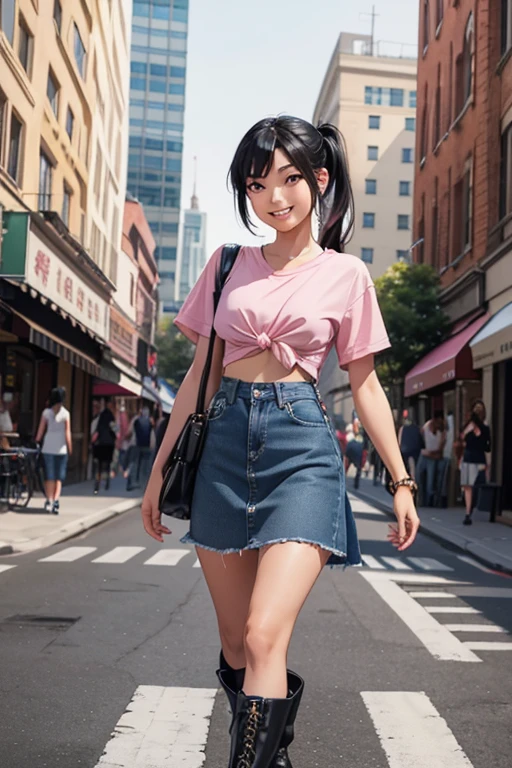Kizi, Asian, 18-years old, Grinning, long black hair tied into two high ponytails, pink cropped shirt tied at the front, denim skirt, high leather boots, walking in the middle of the city.