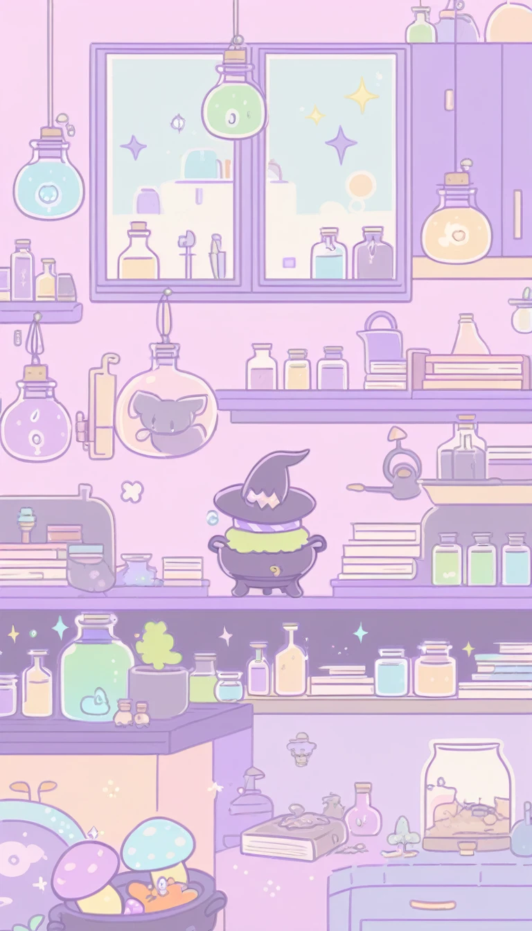 cute, witchy, kitchen, with bubbling cauldron, light colors, pastel colors, potions, books, magical mushrooms