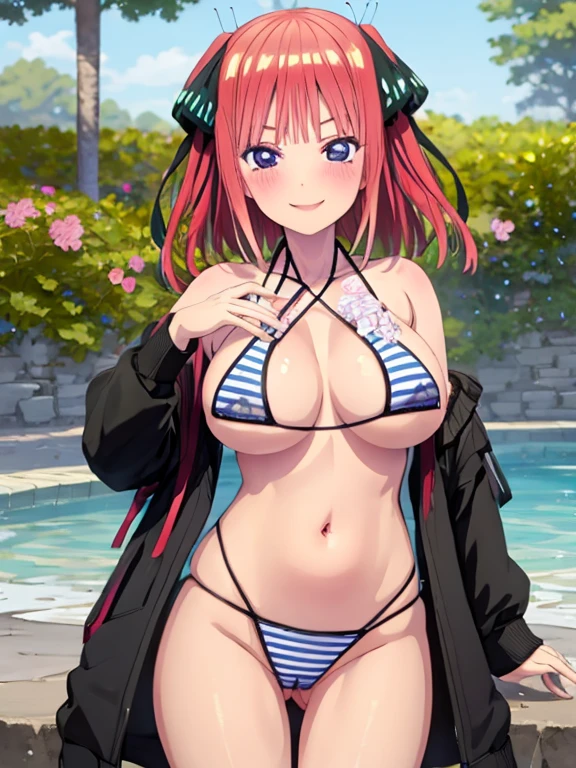 best quality, insanely detailed, nino nakano, breasts, smile, swimsuit, halterneck, striped, flower print,nipple,pussy,nsfw