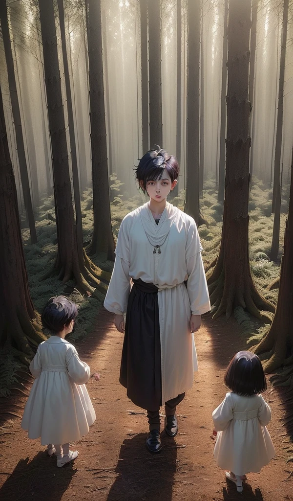 (Anime style:1.5), (highly detailed), (deep forest:1.7), (eerie atmosphere), (1 boy with black hair in brown peasant clothes:1.7 and 1 girl with black hair in a white dress:1.7), (children lost:1.7), (worried expressions), (towering trees casting long shadows), (fog creeping along the ground), (feeling of isolation and fear)