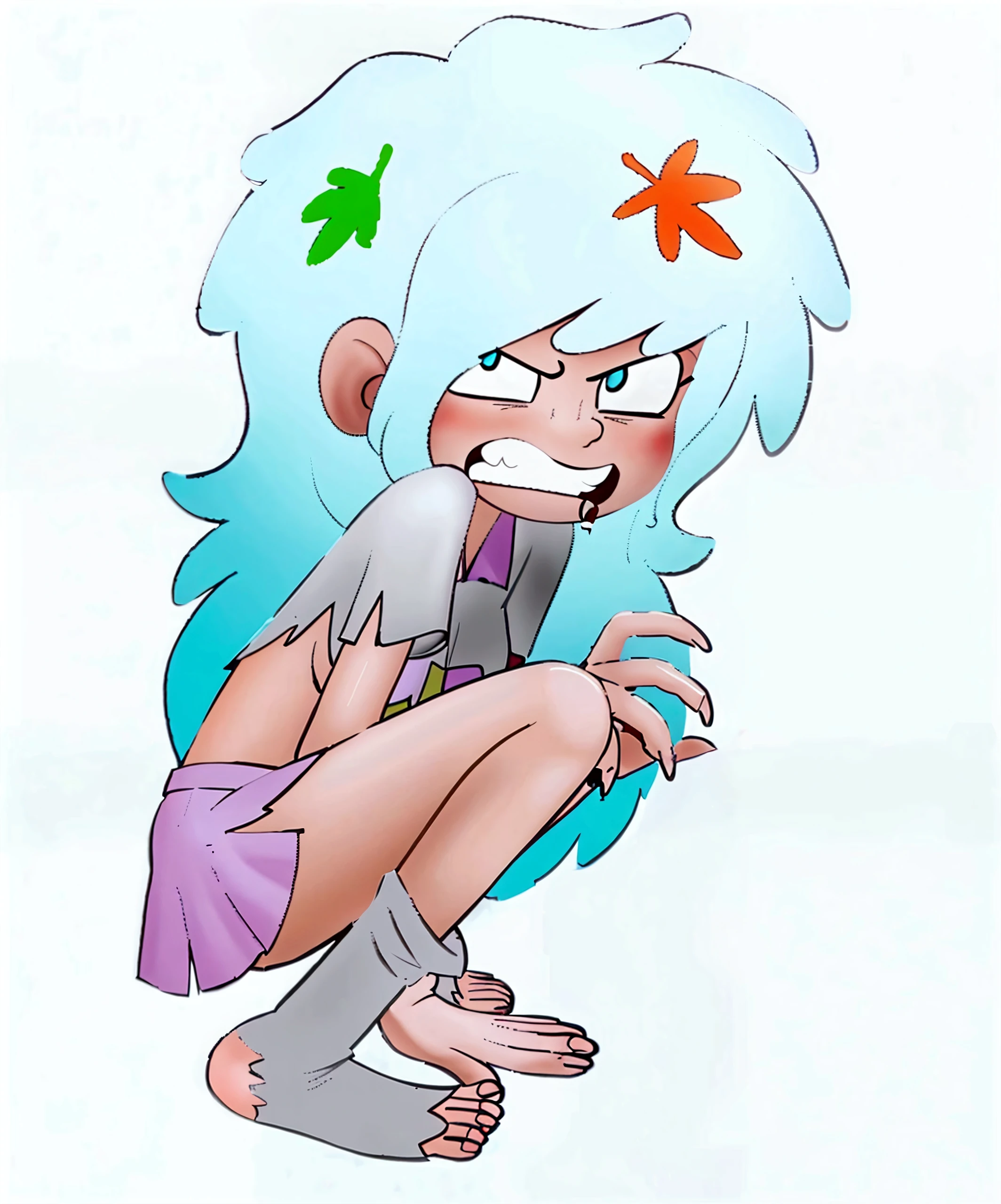Lincoln Loud from The Loud House, white hair, long hair, orange hairclip, orange button shirt, bare shoulders, blue plaid skirt, 3d, Linka Loud, young, feet