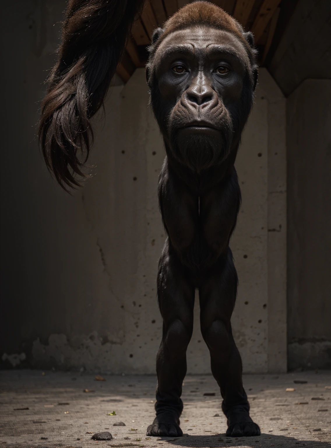 arafed gorilla standing on its hind legs with a white background, gorilla, distant full body view, bigfoot, big foot, full body wide shot, whole body highly detailed, like gorilla, sasquatch,muscular, strong body, full body profile, 1/2 view realistic, full body shot hyperdetailed, highly detailed full body, ( sasquatch, full body close-up shot