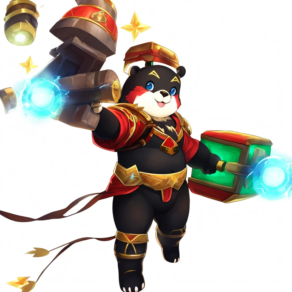 chubby, male, boy, small, bear, high res, furry, lantern, hammer, red helmet, chubby body, sparkles, thunder power, white fur, black fur in the chest, pretty, cute, man