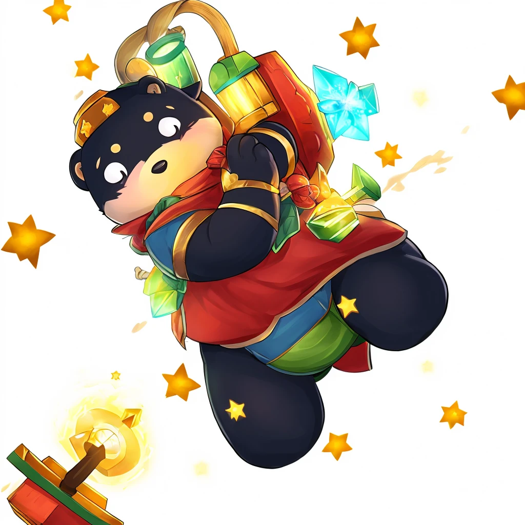 chubby, male, boy, small, bear, high res, furry, lantern, hammer, red helmet, chubby body, sparkles, thunder power, white fur, black fur in the chest, pretty, cute, man