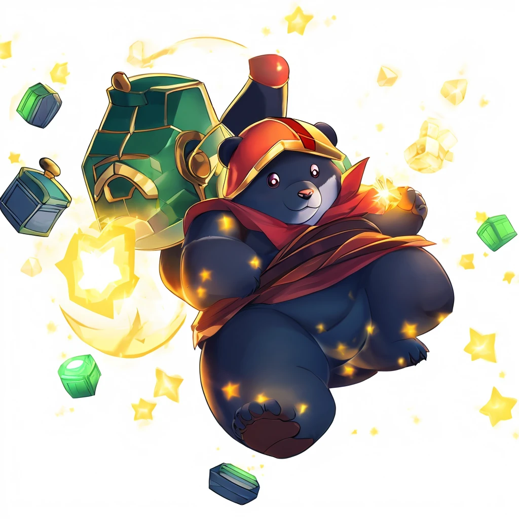 chubby, male, boy, small, bear, high res, furry, lantern, hammer, red helmet, chubby body, sparkles, thunder power, white fur, black fur in the chest, pretty, cute, man