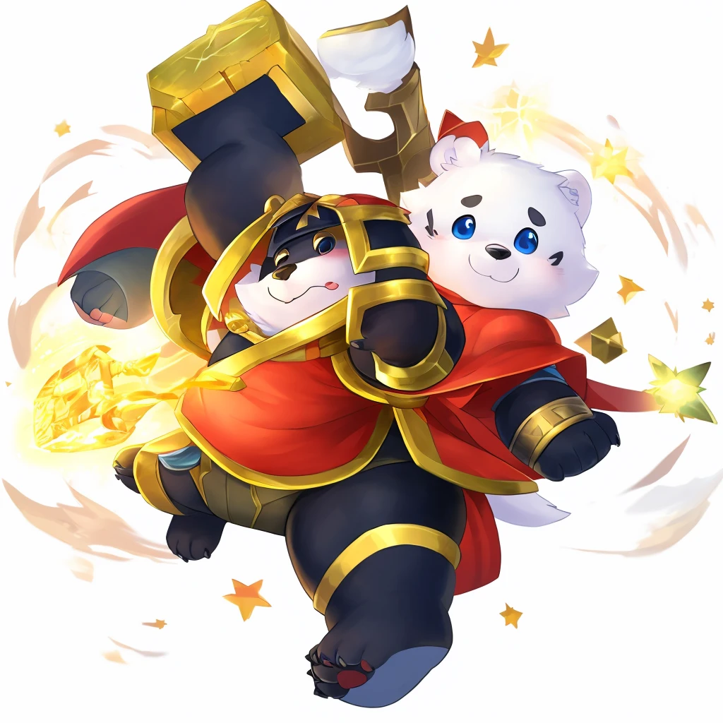 chubby, male, boy, small, bear, high res, furry, lantern, hammer, red helmet, chubby body, sparkles, thunder power, white fur, black fur in the chest, pretty, cute, man