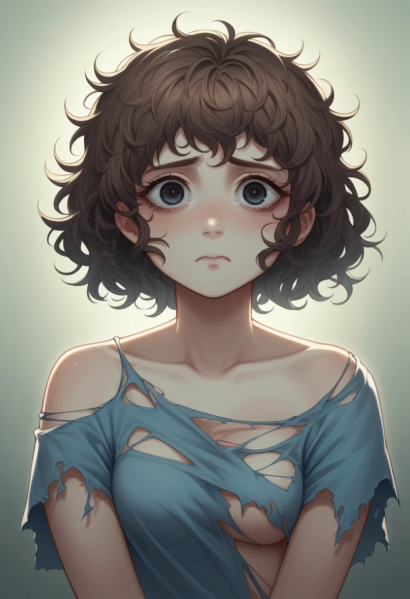 (Model shooting style), A sad homeless  ((dressing a old torn clothes)), (Shy), 1 Girl, Solitary, brown、curly、Messy hair, Very detailed face, beautiful eyes, [Chubby], Lovely, Ruddy cheeks，Bright, Sad eyes, Stunning beauty, (Rembrandt Lighting), Zeiss lenses, Surreal, (High Detail Skin:1.2), 8K Ultra HD, Digital SLR Camera, Dramatic rim light, high quality, Fuji XT3,