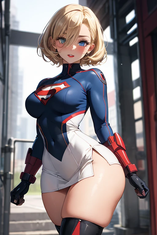 cammy white, 4k, realist, charismatic, Very detailed, there is a girl in heaven, dressed in a super girl costume, she is a super girl, superhero theme, short blond hair, Horse tail, 20 years, whole body, (detail in the eyes), (detail on the face), incredibly pretty, Blue eyes, blush, make up, Red lipstick, mini skirt, (Wide hips), (thick thighs), small , dress,, seductive pose, (extreme hourglass figure), Delgado, slender, White skirt, Boots, fitted t-shirt