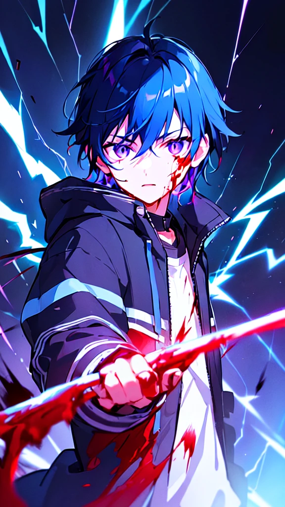 [(BLACK BACKGROUND:1.5),::5], ((((masterpiece)))), high quality, ultra very high resolution, full color, (((solo))), (()), black hair, ((blue colored inner hair)), ((purple eyes)), anime, ((upper body)), neon light, black parka, (lightning effect:1.2), (Blood effect:1.5)