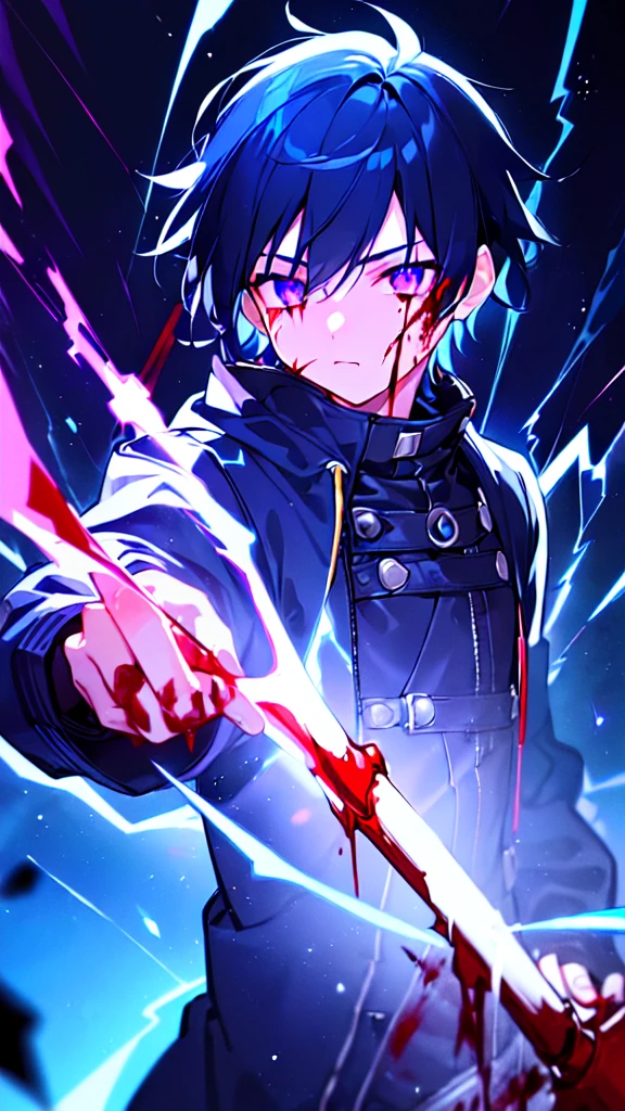 [(BLACK BACKGROUND:1.5),::5], ((((masterpiece)))), high quality, ultra very high resolution, full color, (((solo))), ((little boy)), black hair, ((blue colored inner hair)), ((purple eyes)), anime, ((upper body)), neon light, black parka, (lightning effect:1.2), (Blood effect:1.5)