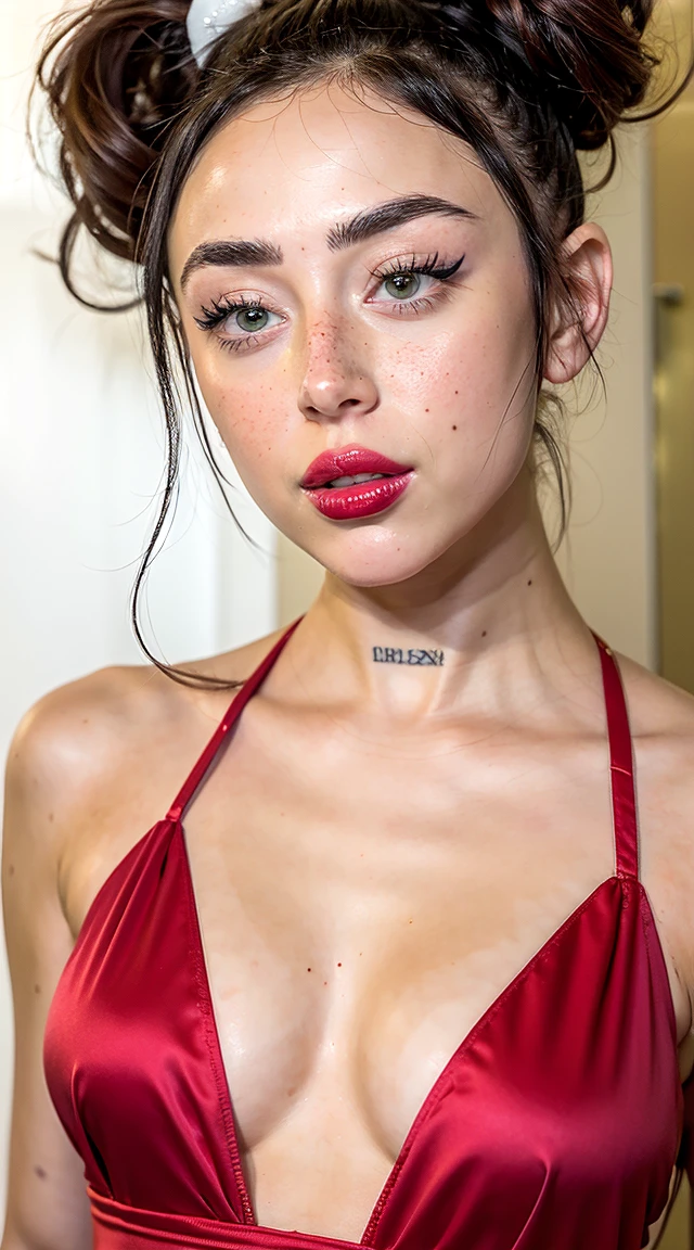 a close up of (1girl, solo) in a red dress with tattoos on her chest, (tipo de cuerpo pequeño:1.1), (petite body), multiple angles, charli xcx, ava max, bella poarch, she looks like a mix of grimes, charli bowater, sexy look, billie eilish, madison beer as leeloo, portrait of kim petras, 18 years old, the super hot and sexy, looks a blend of grimes
