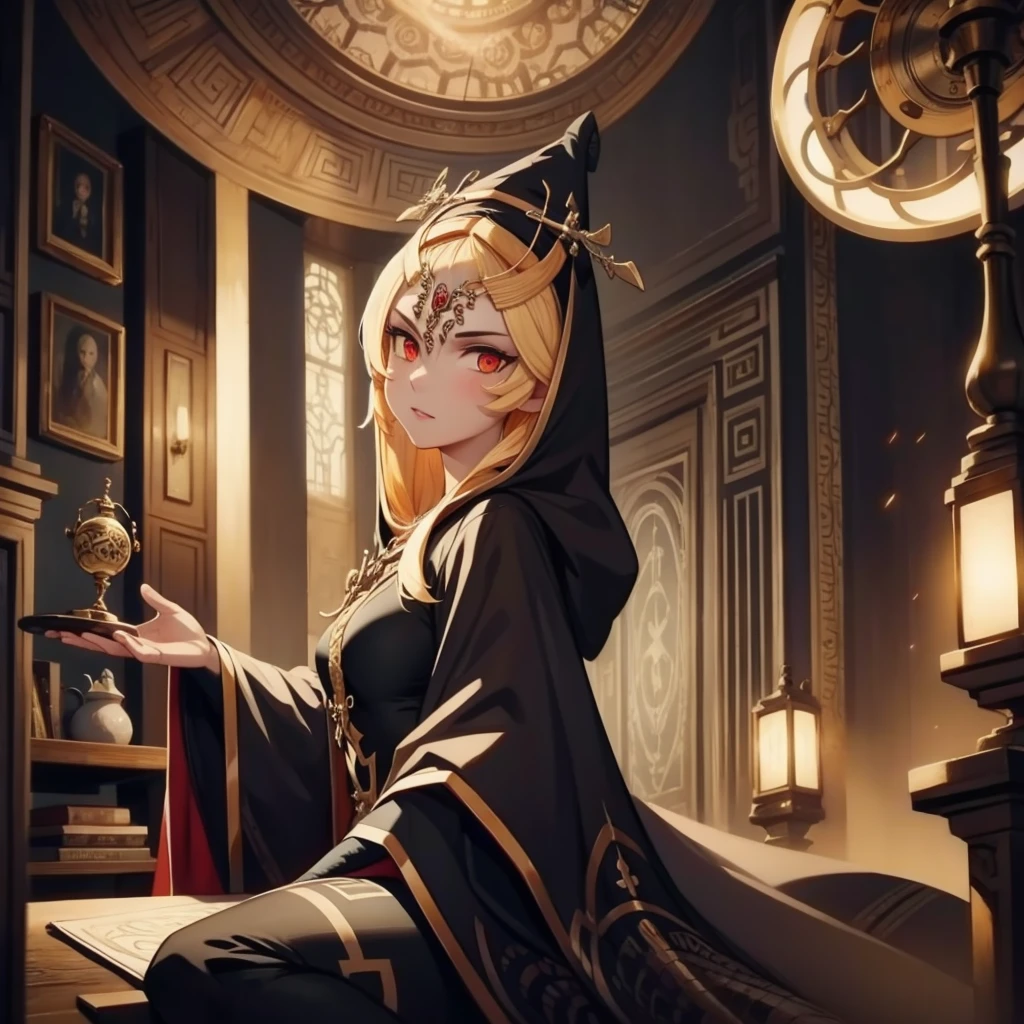 masterpiece, best quality, 1girl, elf, platinum blonde hair, black robe, hooded robe, sitting across table, orrery, mystic, gold trim, looking at viewer, glowing eyes
