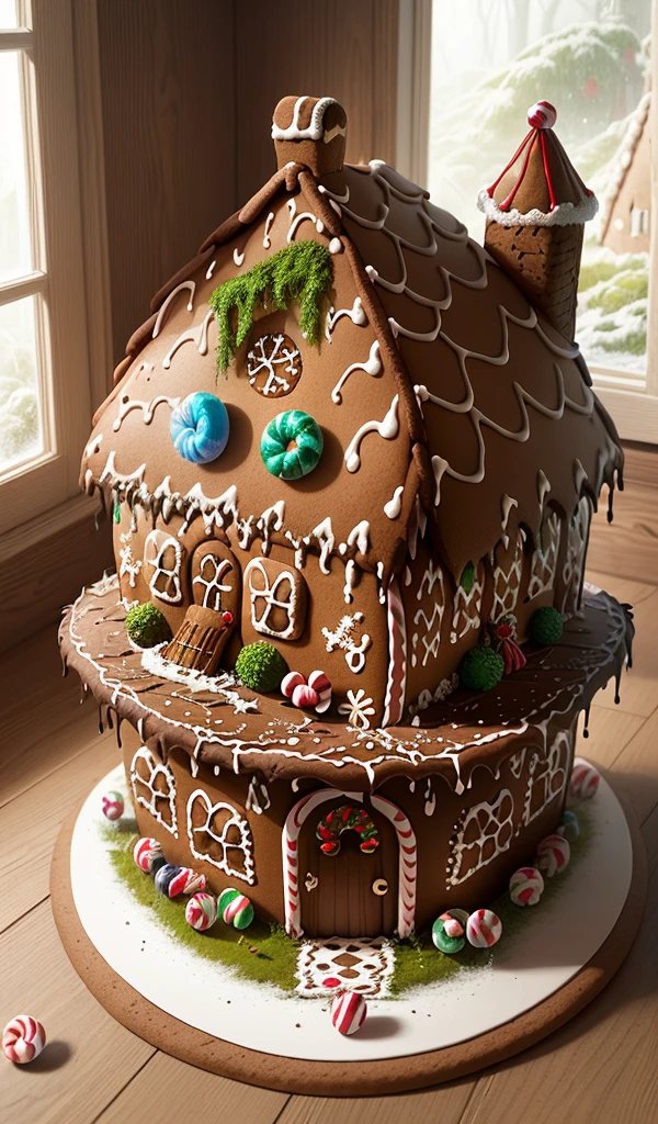 (Anime style:1.5), (highly detailed), (gingerbread house:1.7), (candy house from Hansel and Gretel:1.7), (detailed candy decorations), (colorful and whimsical), (chocolate roof), (gumdrop shingles), (lollipop garden), (candy cane pillars), (frosting icicles), (licorice window frames), (gummy bear pathway), (marshmallow chimney), (peppermint swirl door), (jellybean cobblestones), (cookie windowsills), (candy scattered across the ground), (candy sprinkles like autumn leaves), (sugar-coated trees), (candy floss hanging like moss), (sugar crystal flowers), (candied fruits on bushes), (chocolate river nearby), (fantasy forest), (bright and vibrant colors), (high quality, high saturation, high detail), (anime illustration), (cute and charming), (soft pastel colors), (storybook atmosphere), (magical and enchanting)
