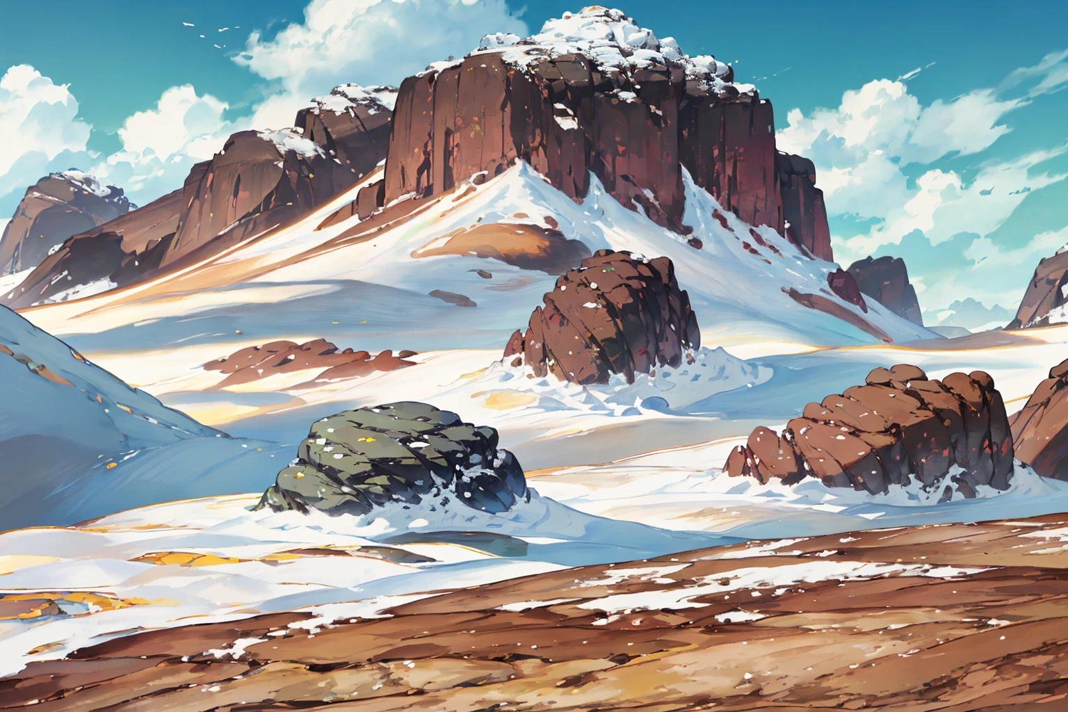 summer, brown rock area, brown rock formation, (illustration : 1.0), Narrative composition, realistic lighting, HD detail, masterpiece, best quality best, (Highly detailed CG integrated 8k wallpaper), wide and flat rocky area, A small, sharp, rough rock at the top of the screen.