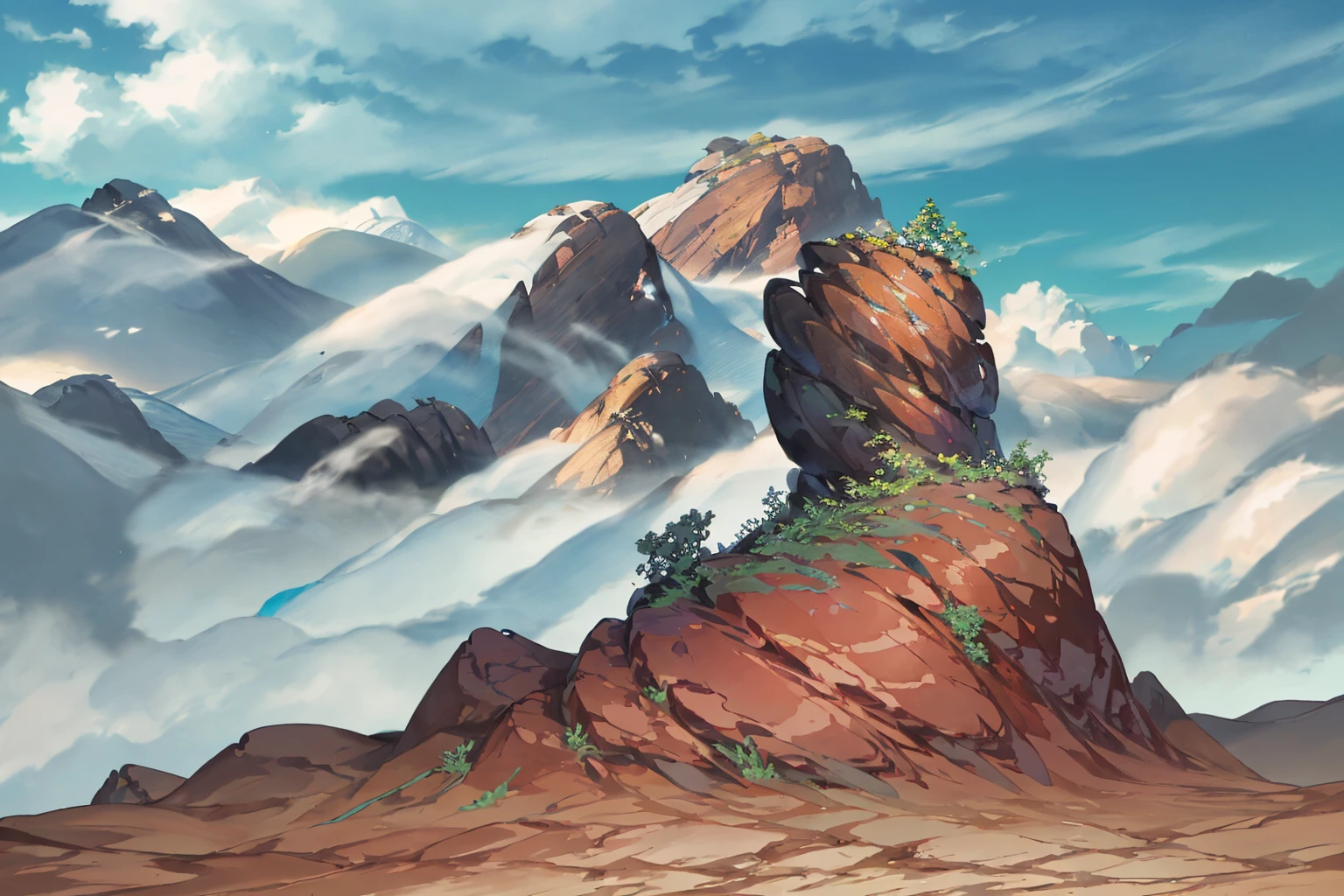 summer, brown rock area, brown rock formation, (illustration : 1.0), Narrative composition, realistic lighting, HD detail, masterpiece, best quality best, (Highly detailed CG integrated 8k wallpaper), wide and flat rocky area, A small, sharp, rough rock at the top of the screen.