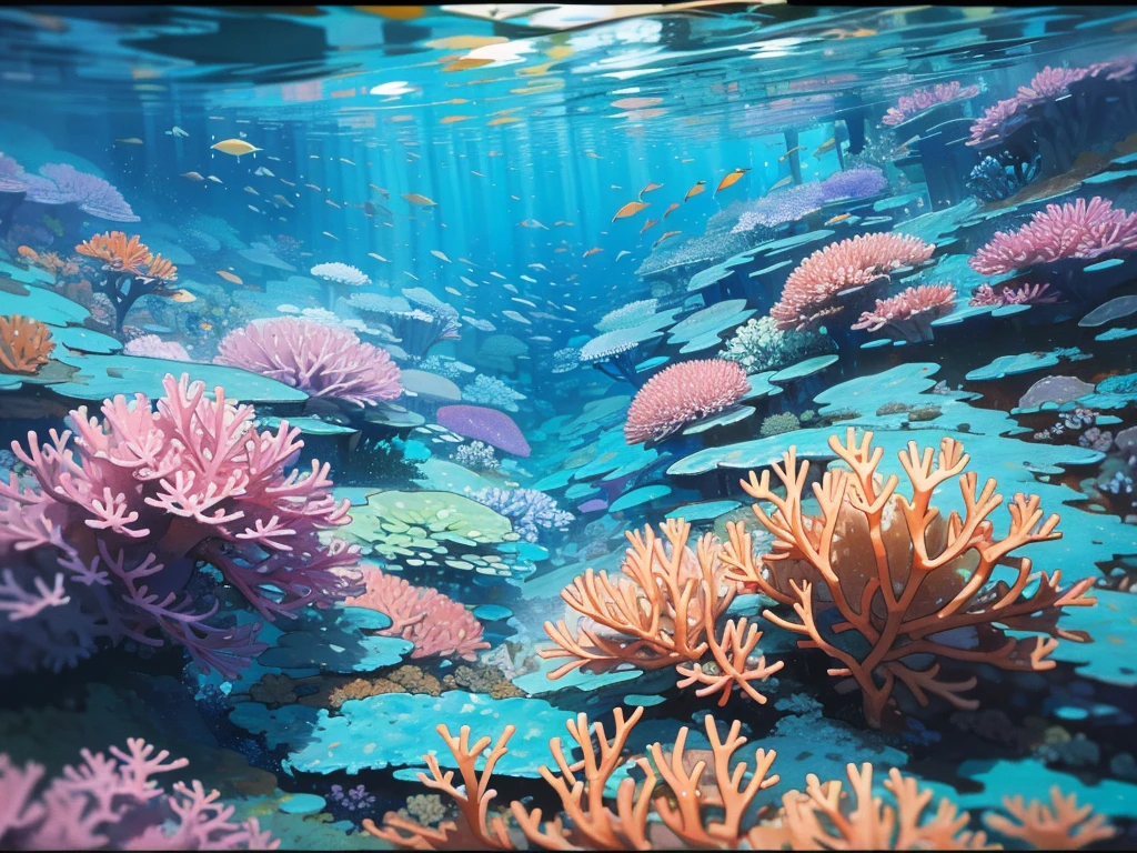 The breathtaking Great Barrier Reef in Australia, a majestic underwater world teeming with vibrant marine life. This detailed image is a stunning photograph capturing the intricate beauty of the coral reef system. Every color of the rainbow is represented in the coral formations, from vivid blues and greens to striking yellows and pinks. The depths of the ocean are alive with a flurry of activity, as schools of fish dart gracefully among the coral. This high-quality photograph truly transports viewers to this awe-inspiring aquatic wonderland, showcasing the natural splendor of the Great Barrier Reef in all its glory.