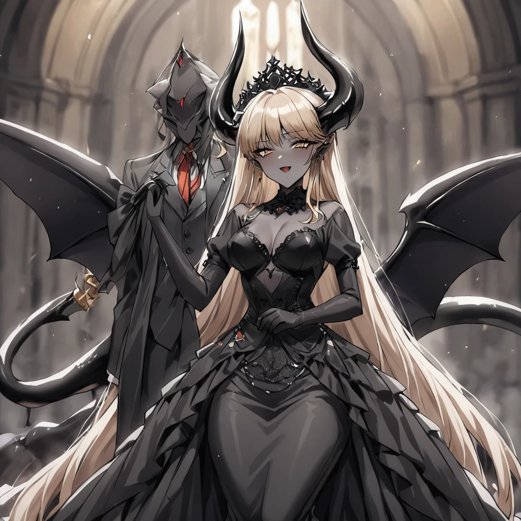 ((Highest quality)), ((masterpiece)), (detailed), （Perfect Face）、The woman is a sexy devil with jet black skin、The woman is a jet-black female demon with magnificent devil horns, jet-black devil wings, and a jet-black tail. Her skin is jet-black, she is wearing a luxurious black Gothic Victorian wedding dress and a black wedding veil, and she is holding the hand of the dignified and powerful Great Demon King and holding a wedding ceremony together. She is the jet-black demon Princess Leona, with medium-long light brown hair, a demon in both body and mind, and has the expression of a maiden in love.、The woman is the wife of her beloved husband, the dignified and powerful Demon King, and they are holding hands with the Demon King as they hold each other in their wedding ceremony.