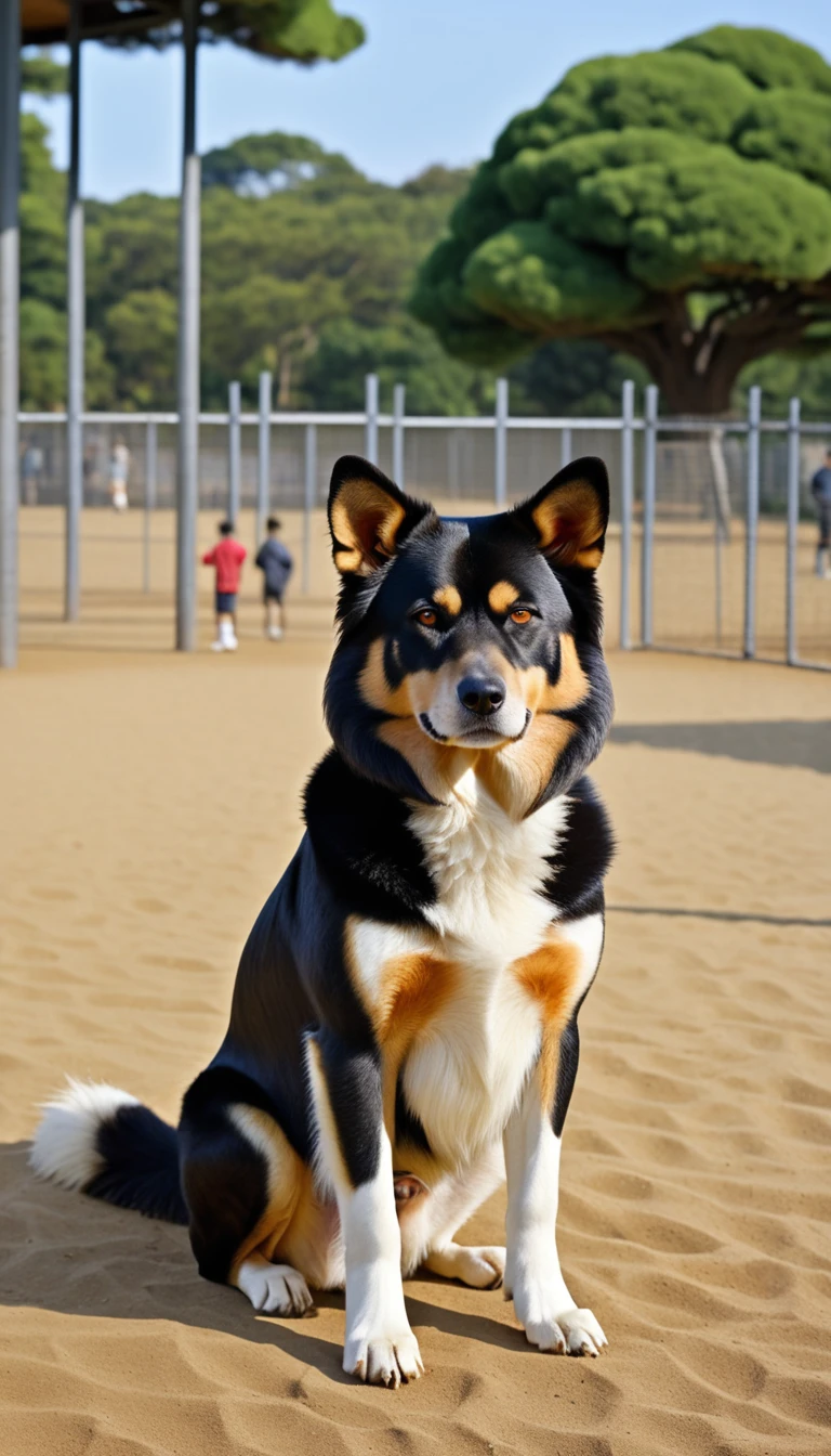 There is no one, realistic photo, photo realism, realism, Kaido(Kai Ken), perfect composition, intricate details, Very sharp, masterpiece, profile, high resolution, looking at the viewer, Full body photo in the dog park