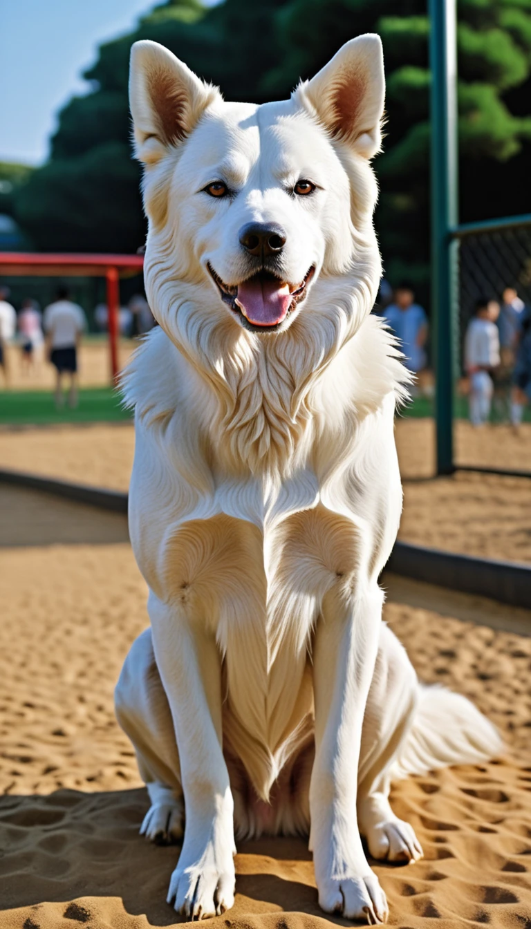 There is no one, realistic photo, photo realism, realism, Kaido(Kai Ken), perfect composition, intricate details, Very sharp, masterpiece, profile, high resolution, looking at the viewer, Full body photo in the dog park