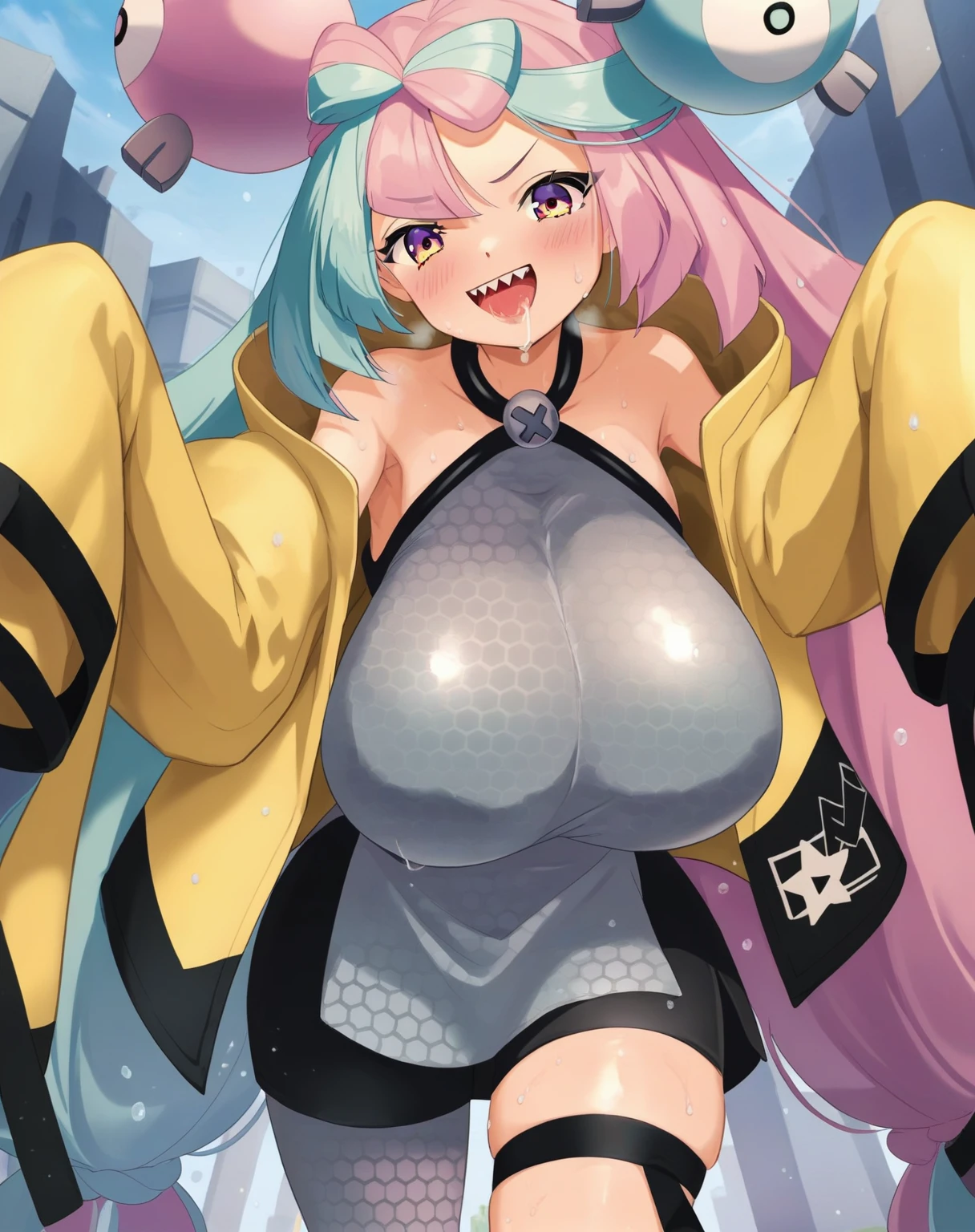 (((,)))loli bodiesolo girl)),((score_8_up, score_7_up, score_6_up, score_5_up, score_4_up, anime screenshot
1girl, solo, iono (pokemon),((enamel grey vest)), multicolored hair, long hair, character hair ornament, bow-shaped hair, sharp teeth, yellow jacket, open clothes, open jacket, thick thighs,)),((Perfect body,))Heavy breathing,saliva, sweat, Sweaty and wet all over,((Perfect body,))((Super beautiful,))((High quality,))((gigantic breast,))pov, Looking at Viewer,Sweaty body,Rough breathing, sweaty body,Blushing,Smile,