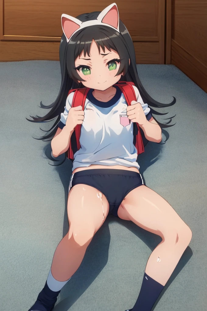 masterpiece, ultra quality, ultra sharp, ultra detailed, 1girl, solo, (((good anatomy))), haduki kurumi, (tattered torn dripping wet white gym shirt), navy gym pants, animal ears, randoseru, name tag, Japanese anime pose, laugh, BurumaShorts, Buruma, Gym Uniform, (((lying:1.4,  spread_legs, legspread, split_legs, spreading legs)), (randoseru backpack:1.4), (smirk smile), buruma, blue buruma, black buruma, (cameltoe), (tattered torn short sleeve white gym uniform with colored hem), (tiny nipples), (white long loose socks), strong lighting, legspread, bukkake, cum on clothes, cum on legs, cum on buruma, cum on bloomers,