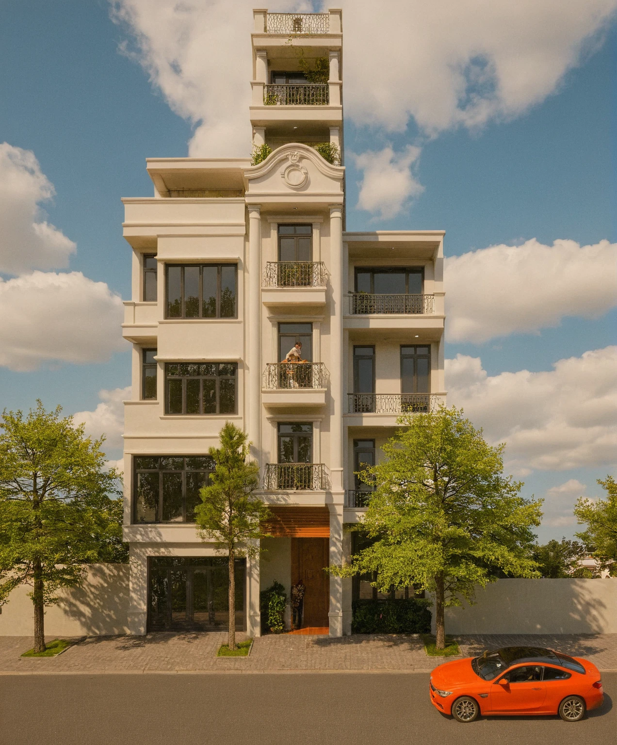 Raw photo,Masterpiece, high quality, best quality, authentic, super detail,
exterior, outdoors, house style neoclassic on the street ,aiaigroup, car, human, man, girl, motobike
road,pavement, grass, trees, sky, cloud, (day:1.1)