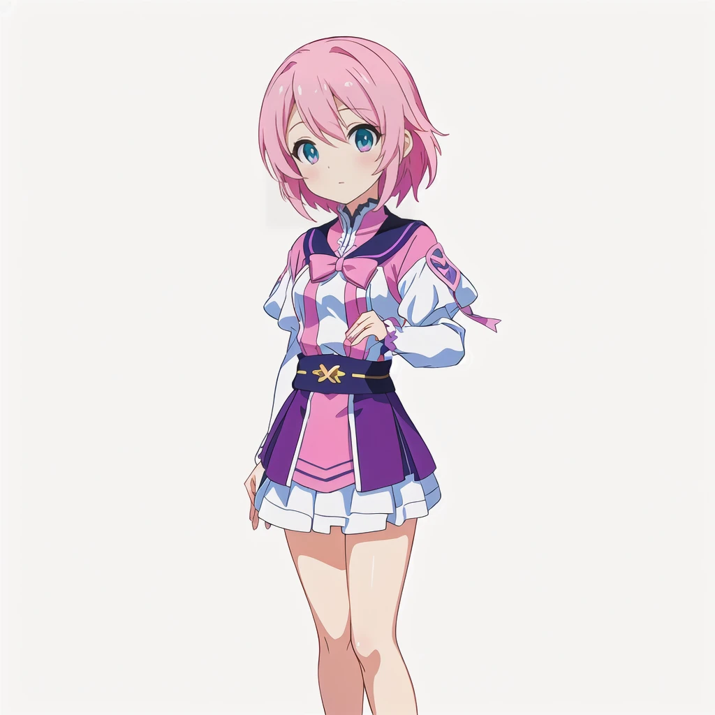 Highest quality, high resolution, High quality anime art style, Official Art, Smooth anime CG art, Stylized anime, Cute 3D anime girl render, Visual Novel Sprites, White background, whole body, Anime-style 3D, Smooth anime CG art, Humanoid Girl, JRPG Characters, Magical Girl Style, Pink Hairと紫色のドレスを着たアニメの女の子, Pink Hair, Cyan Eyes, short hair, Pink ribbon, Holding a magic recorder in his right hand ,Small Bust, Small breasts, 13 years old