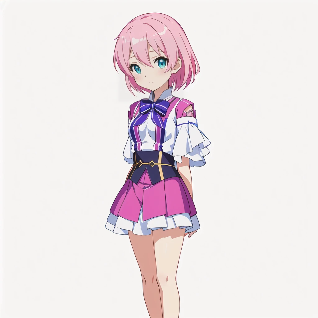 Highest quality, high resolution, High quality anime art style, Official Art, Smooth anime CG art, Stylized anime, Cute 3D anime girl render, Visual Novel Sprites, White background, whole body, Anime-style 3D, Smooth anime CG art, Humanoid Girl, JRPG Characters, Magical Girl Style, Pink Hairと紫色のドレスを着たアニメの女の子, Pink Hair, Cyan Eyes, short hair, Pink ribbon, Holding a magic recorder in his right hand ,Small Bust, Small breasts,