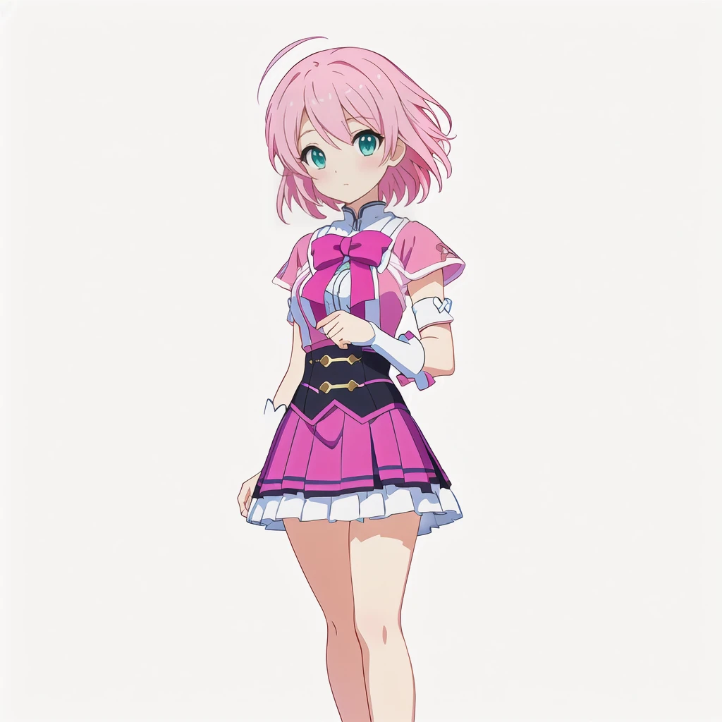 Highest quality, high resolution, High quality anime art style, Official Art, Smooth anime CG art, Stylized anime, Cute 3D anime girl render, Visual Novel Sprites, White background, whole body, Anime-style 3D, Smooth anime CG art, Humanoid Girl, JRPG Characters, Magical Girl Style, Pink Hairと紫色のドレスを着たアニメの女の子, Pink Hair, Cyan Eyes, short hair, Pink ribbon, Holding a magic recorder in his right hand ,Small Bust, Small breasts, 