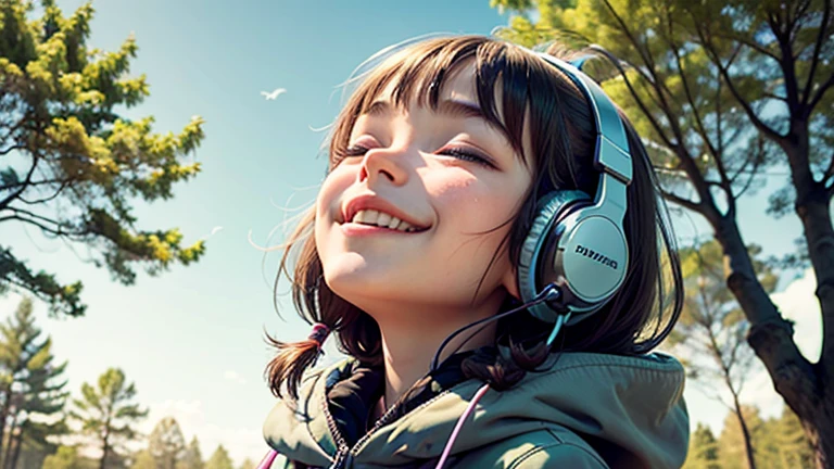 A girl, , looking up at the sky , smiling, and closing her eyes in a mysterious forest. She wears headphones.