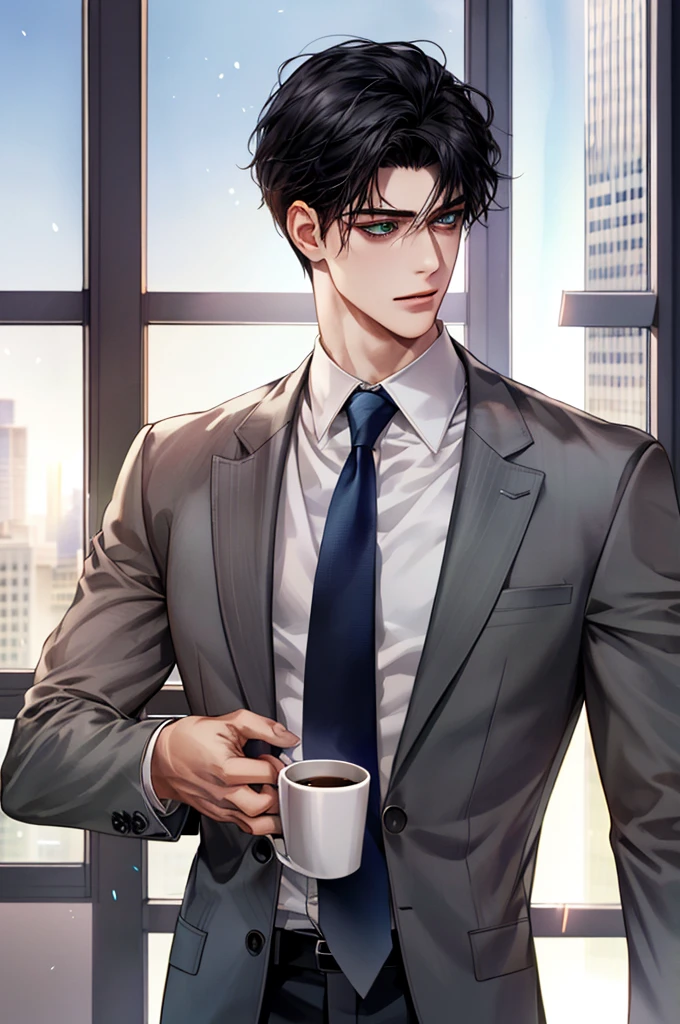 1boy, face focus, adult, business suit, jacket, white shirt, necktie, pants, best quality, hires, detailed face, office, buildings from window, detailed background, diffused sunlight, depth of field, bokeh，1 male, 25 years old British male,  emerald eyes, black hair, well-fitting suit
Holding a cup of espresso in his hand