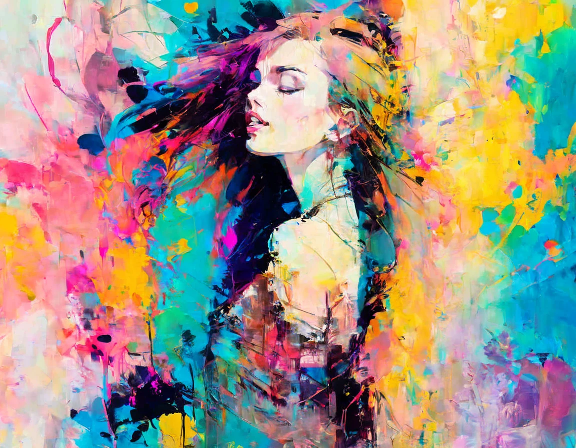 abstract painting, inkpunk,  girl profile, broad brush stroke, smeared patterns, colors, random dripping paint, splashes, graphic portrait