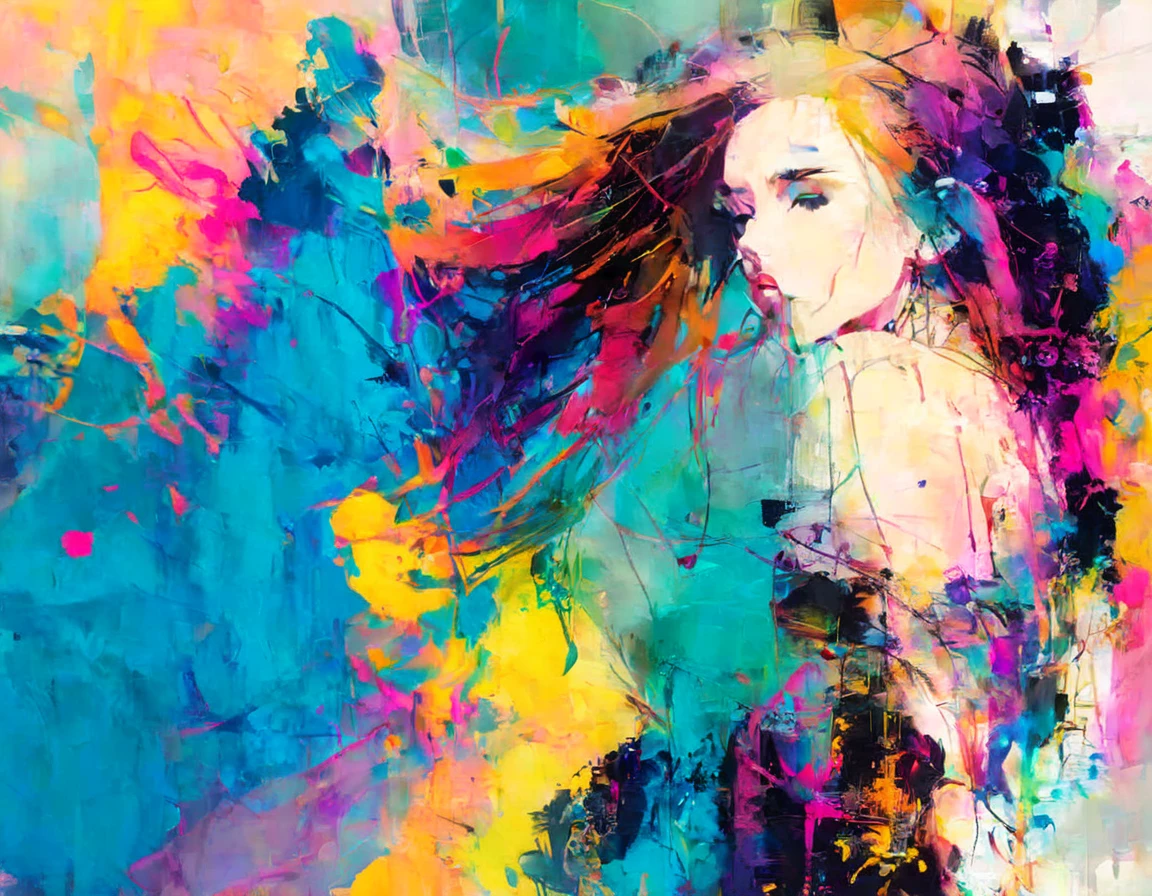 abstract painting, inkpunk,  girl profile, broad brush stroke, smeared patterns, colors, random dripping paint, splashes, graphic portrait