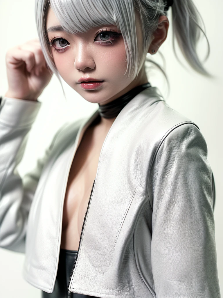 (((amount、white 、Asian woman、beautiful girl、、Silver Hair、white Background、)))、Tabletop, Highest quality, shape, Very detailed, finely, High resolution, 8k wallpaper, Perfect dynamic composition, finelyて美しい目, Deco Out, ((Medium hair 1.5)),((( Small breasts 1.5,Slender Body Type 1.5)))、 Natural color lip,white Background, Random cute poses,、(((Punk Fashion 1.5)))、、(((Bareback with black leather jacket 1.5)))