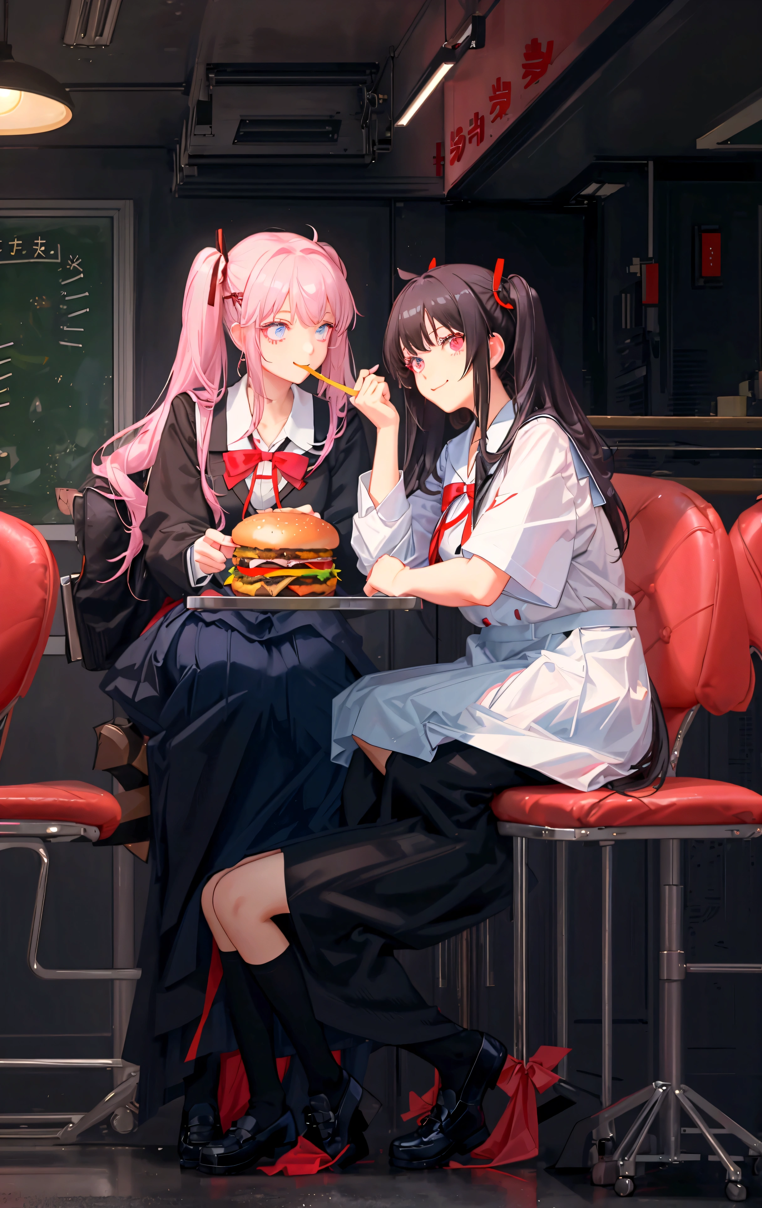 Anime Style. Three schoolgirls are sitting in a burger restaurant. The first student has a twintail hairstyle, her hair is white, she is eating a burger. The student sitting next to him (in the middle) is taking a selfie, her hair is short pink, there is a red ribbon in her hair, her eyes are light blue and she is taking a selfie while smiling broadly. The other student has long black hair, her eyes are red, she is calling the waiter from her seat. The three students wore uniforms with white shirts and red ribbons.
 