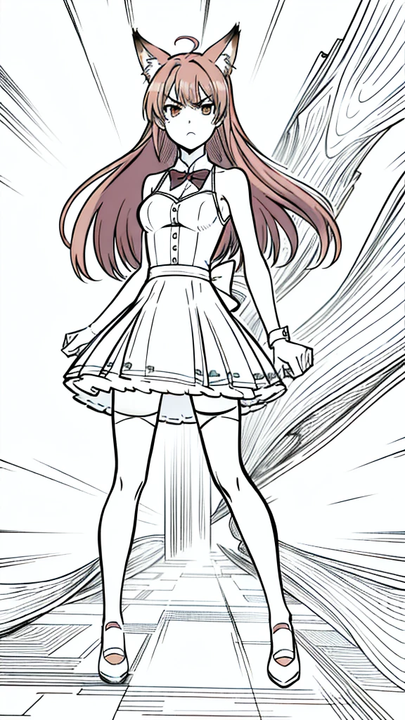 1girl ,20s,angry face,(red hair),long hair,fox ears,(white background, line drawing),, serafuku, thighhighs