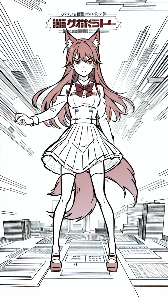 1girl ,20s,angry face,(red hair),long hair,fox ears,(white background, line drawing),, serafuku, thighhighs